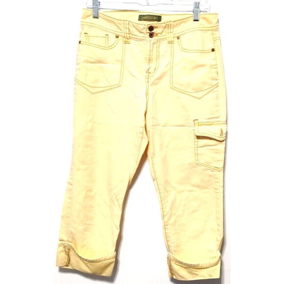 Womens Yellow Cargo Capri Pants Size Medium 6 Pocket Utility Button Zip Outdoor - Picture 1 of 8